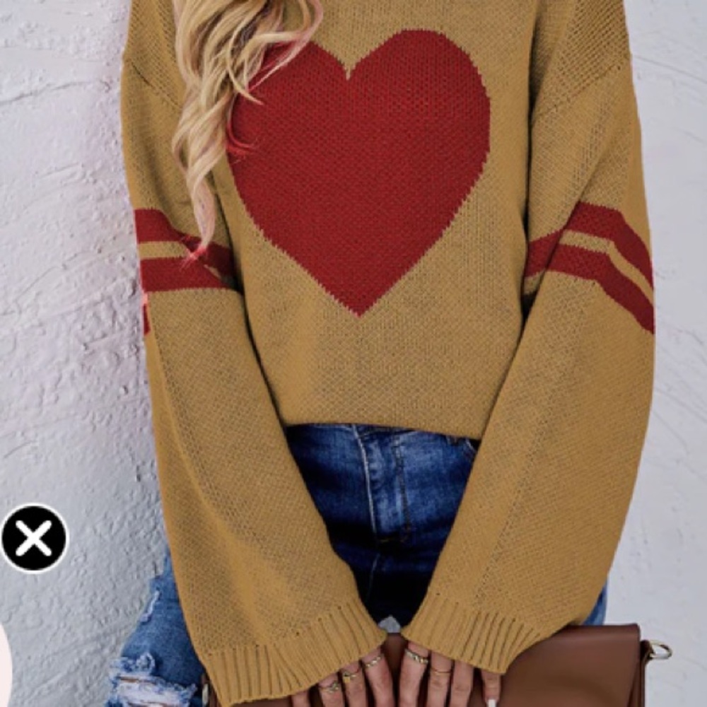 Cozy Tan Sweater with a bold Red heart and Stripes - Picture 3 of 7